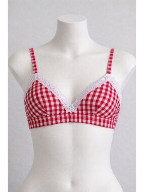 Colsie size XS Red Gingham Lace Trim triangle Bralette top NEW